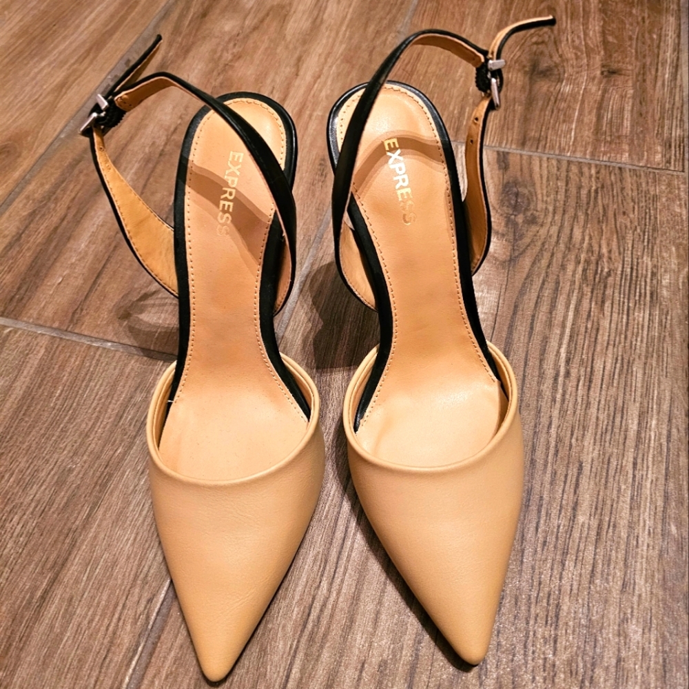 NEW! Express strappy pointed toe stilettos. Black and Tan